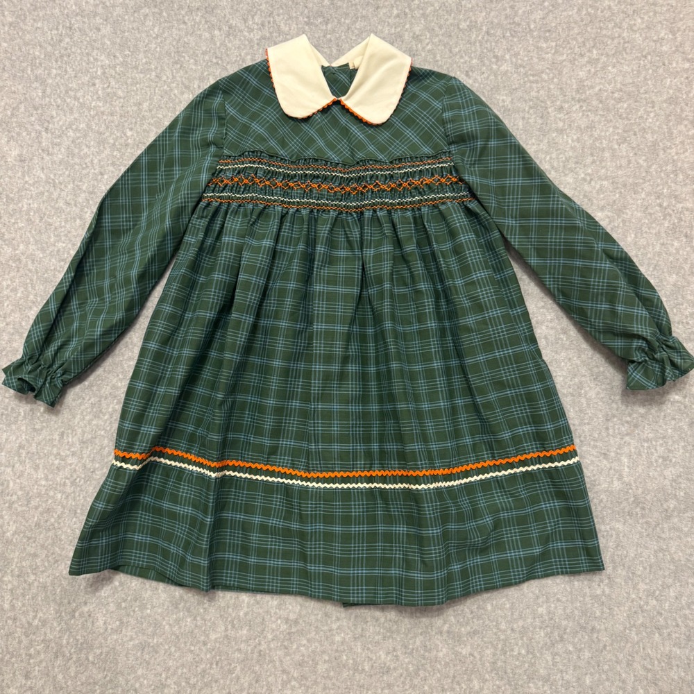 Polly Flinders Vintage Green Plaid Hand Smocked Dress Girls Size‎ 6X Holiday